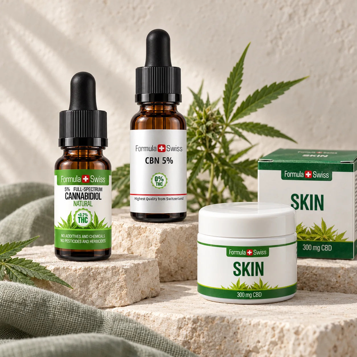 Formula Swiss CBD oil, CBN oil and Skin Balm products on pale stone