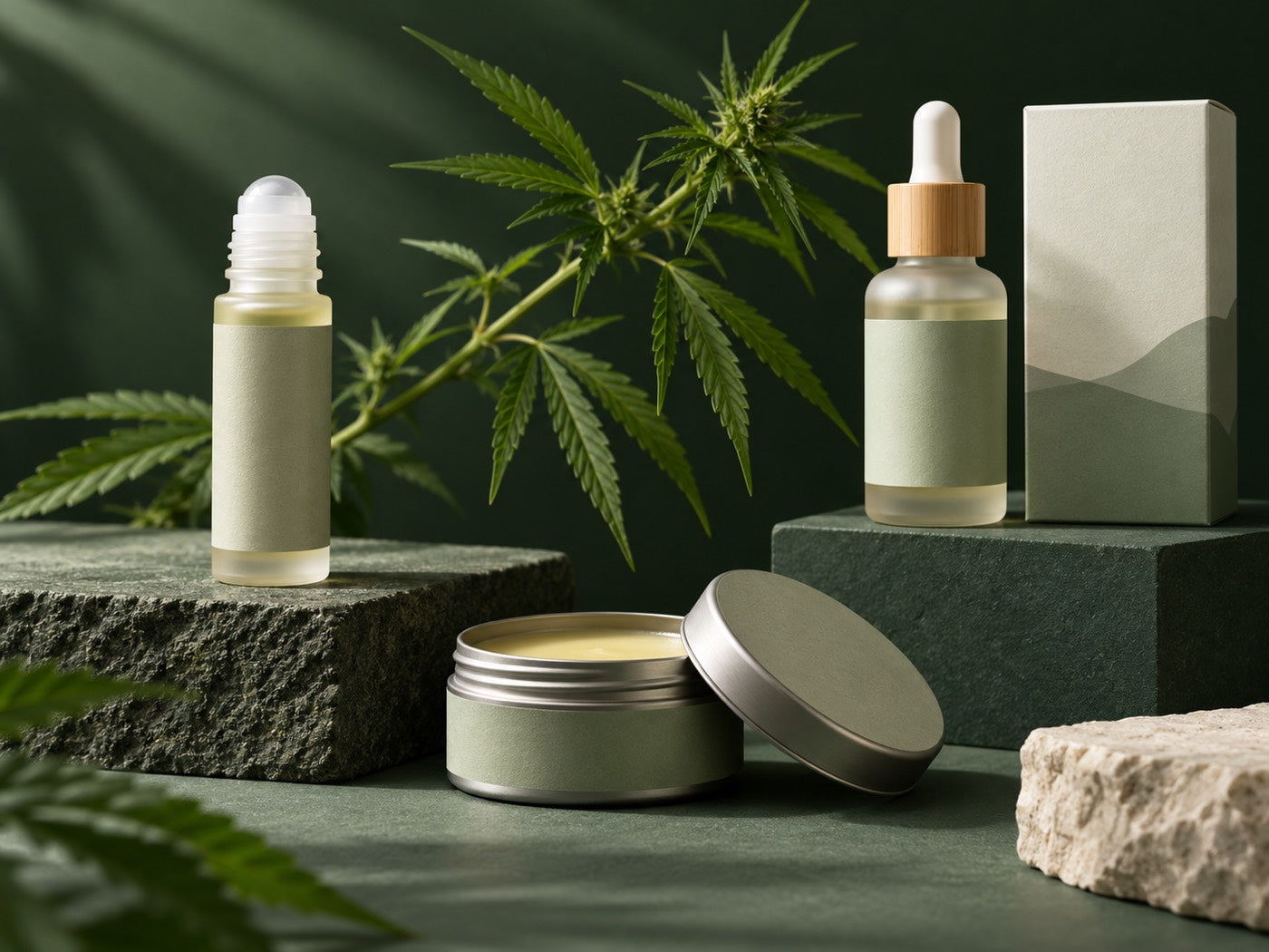CBD balm, roll-on and topical serum arranged on a forest green background
