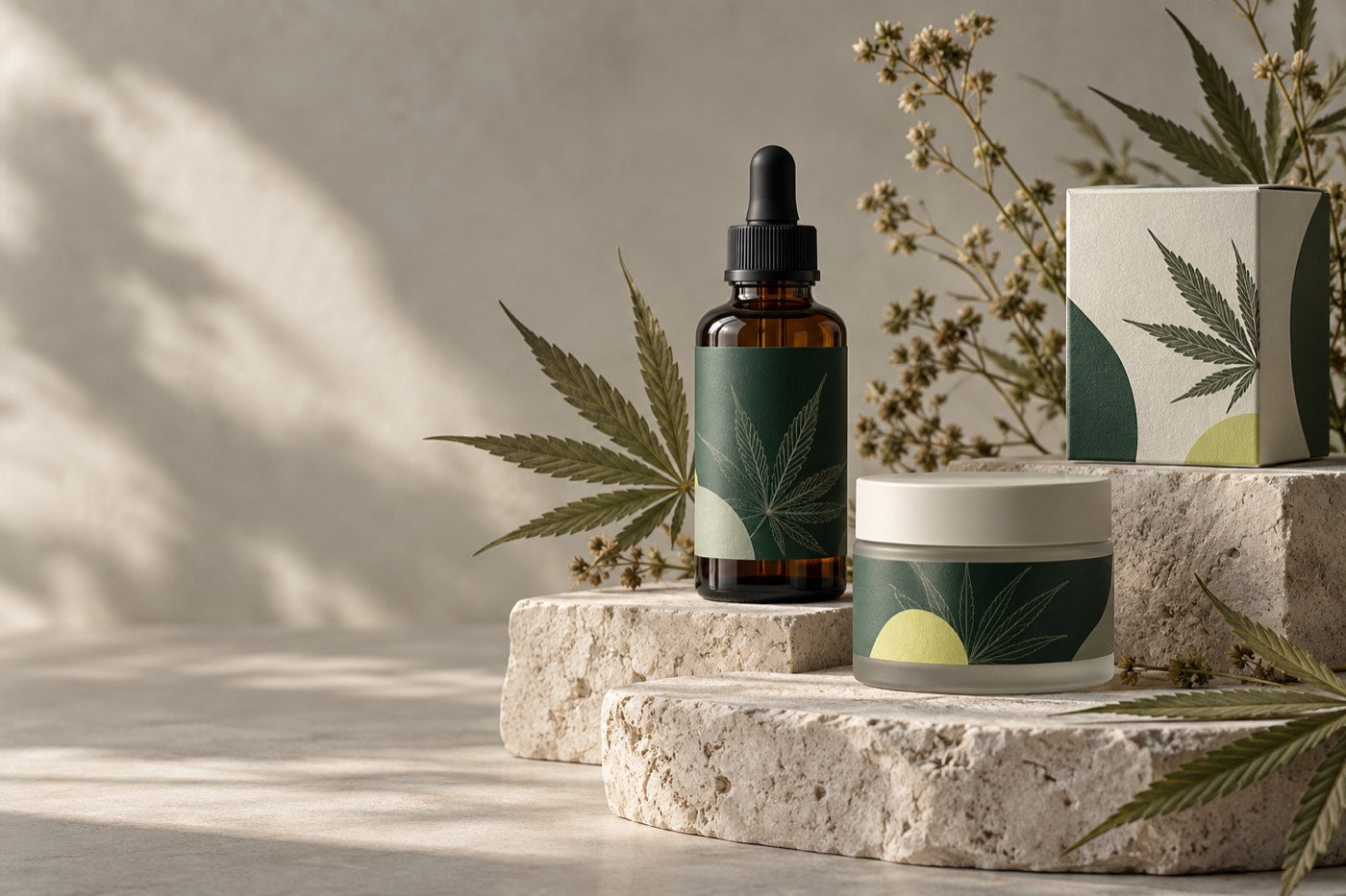 Topical CBD products on a pale stone surface