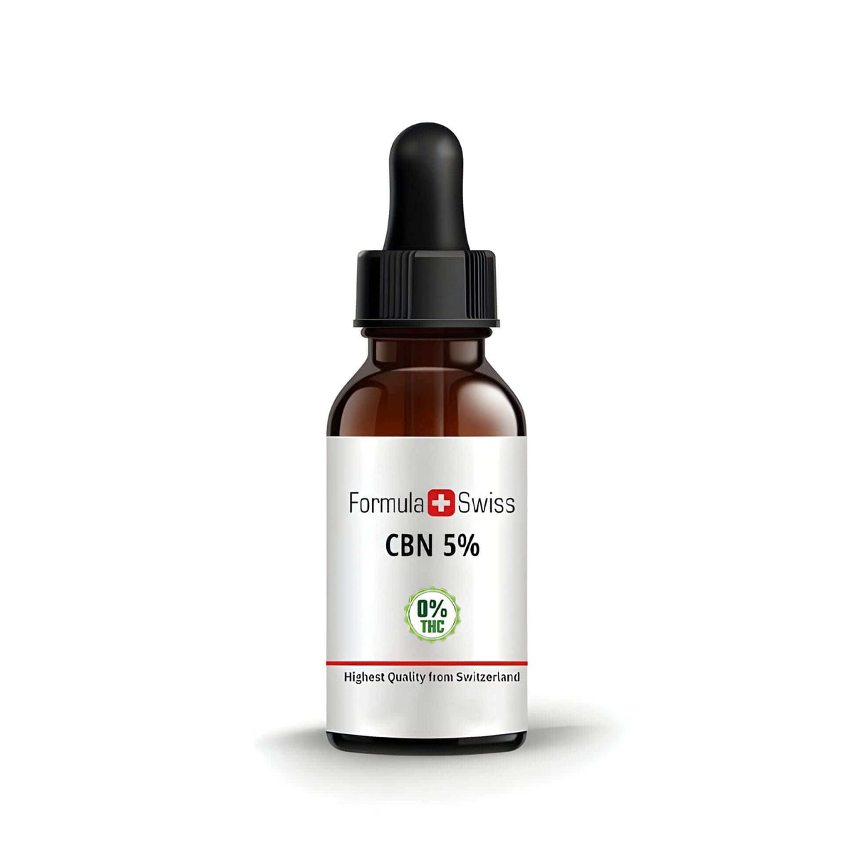 Flaske med Formula Swiss CBN olie 5 % med pipette på hvid baggrund