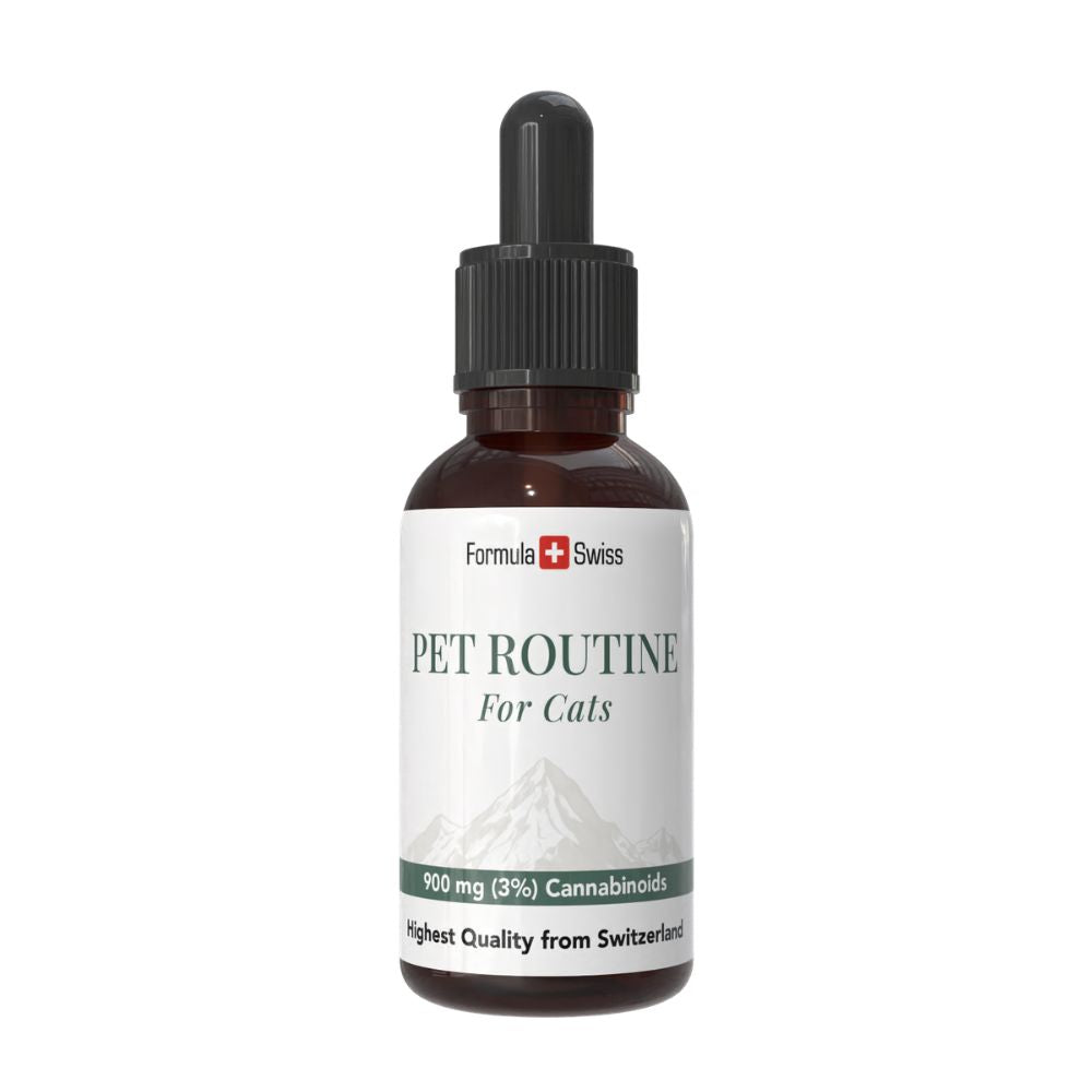 Flaske med Pet Routine til katte med Formula Swiss-logo på hvid baggrund