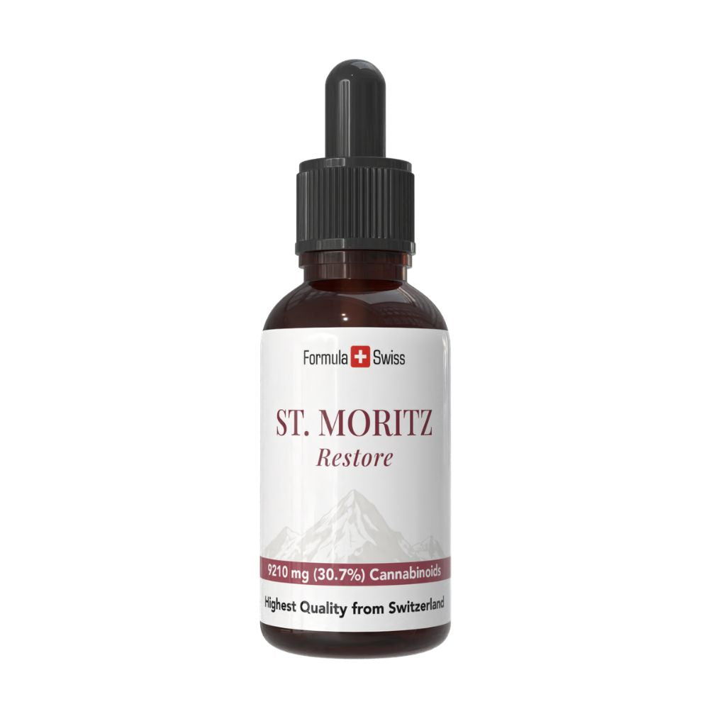 Flaske med St. Moritz og Formula Swiss-branding på hvid baggrund