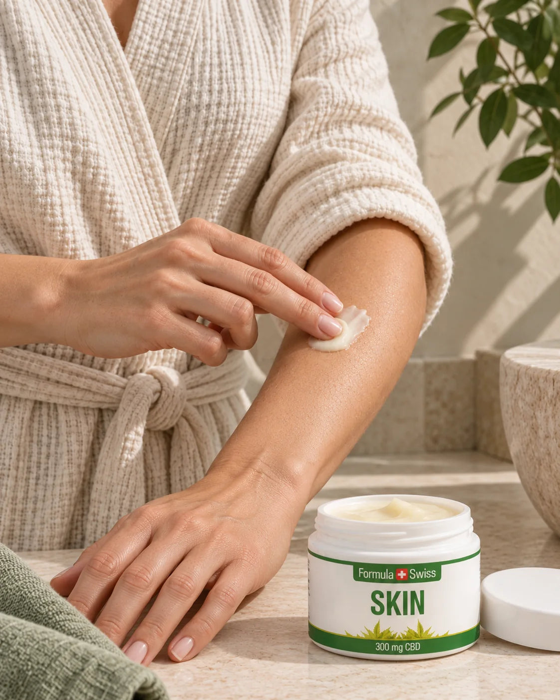 Formula Swiss Skin Balm beside a person applying cream to their forearm