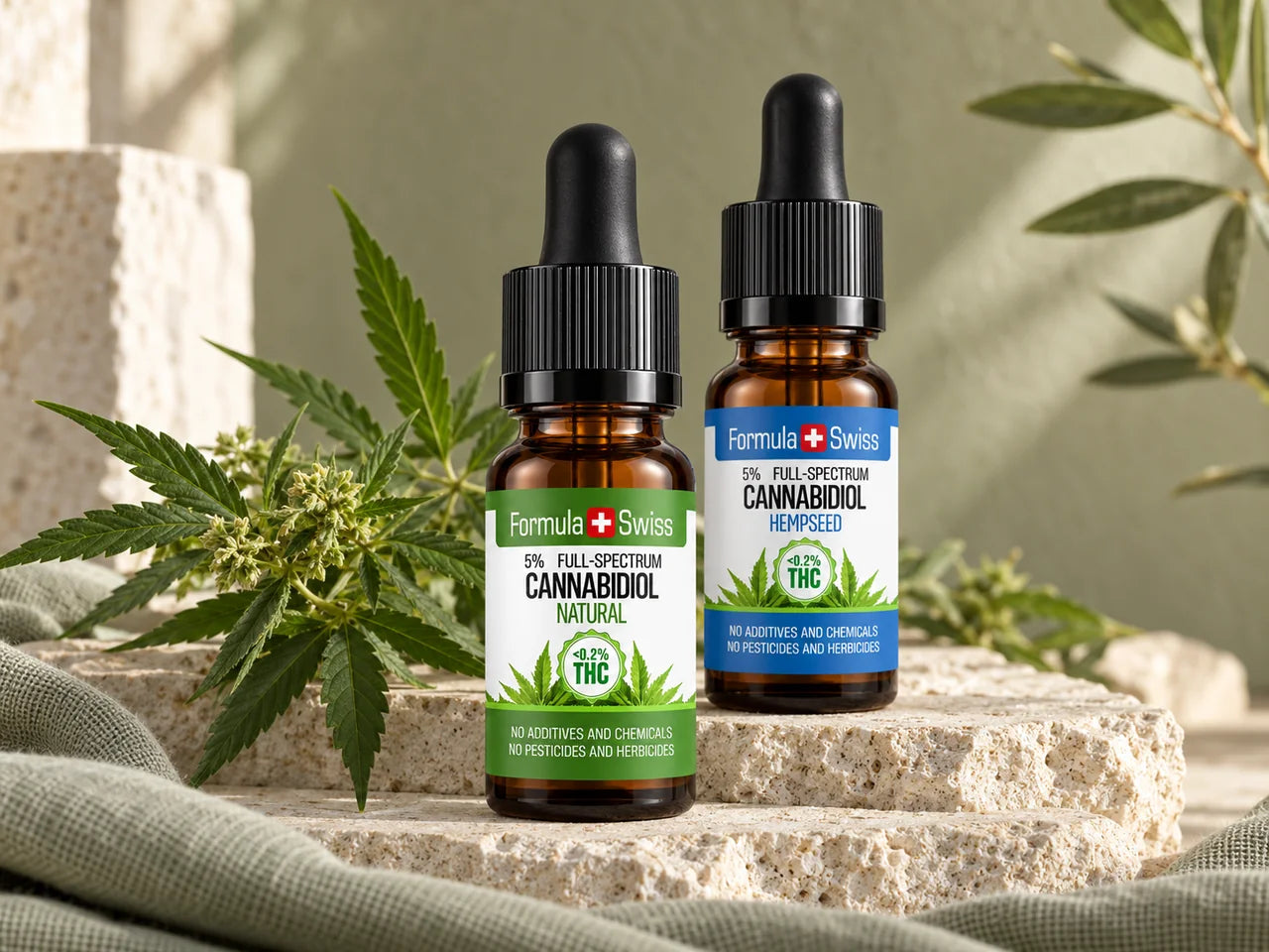 Formula Swiss Natural and Hempseed CBD oil bottles with hemp leaves