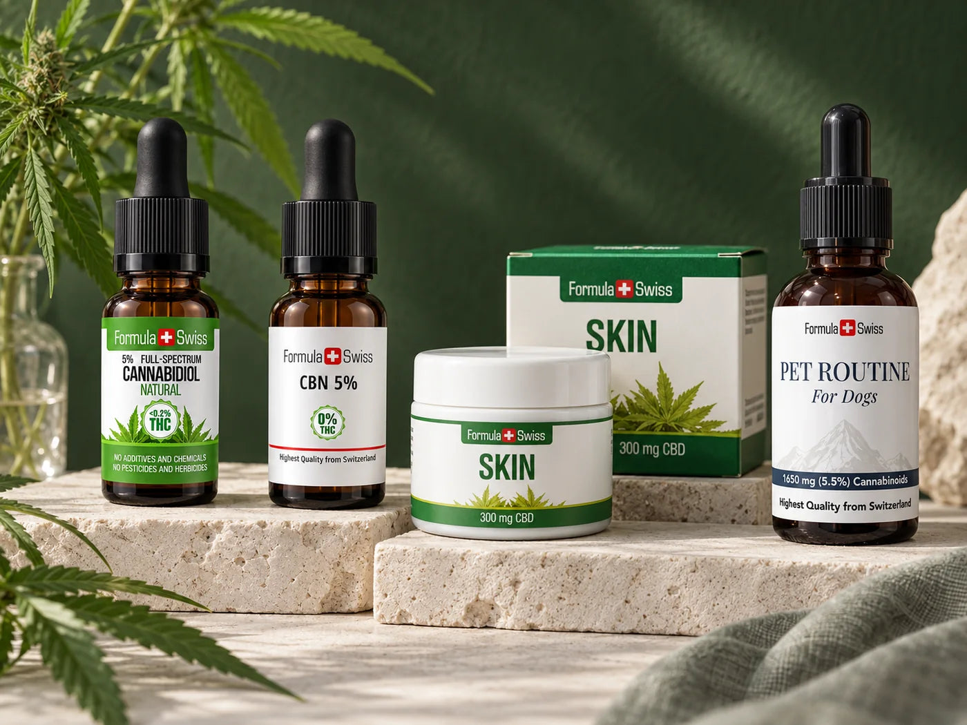 Formula Swiss CBD oil, CBN oil, Skin Balm and Pet Routine products on pale stone
