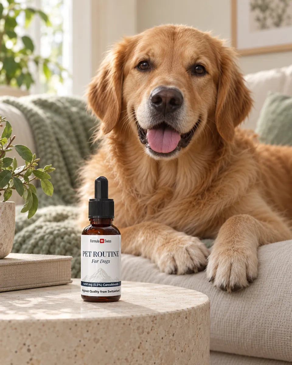 Golden retriever beside Formula Swiss Pet Routine CBD oil for dogs