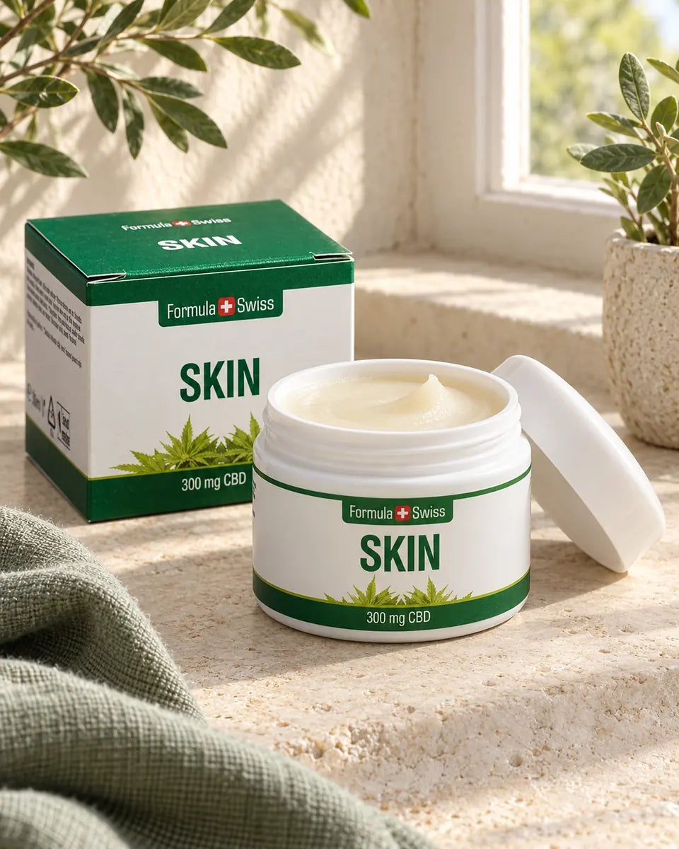 Formula Swiss Skin Balm jar and box on pale limestone beside sage linen