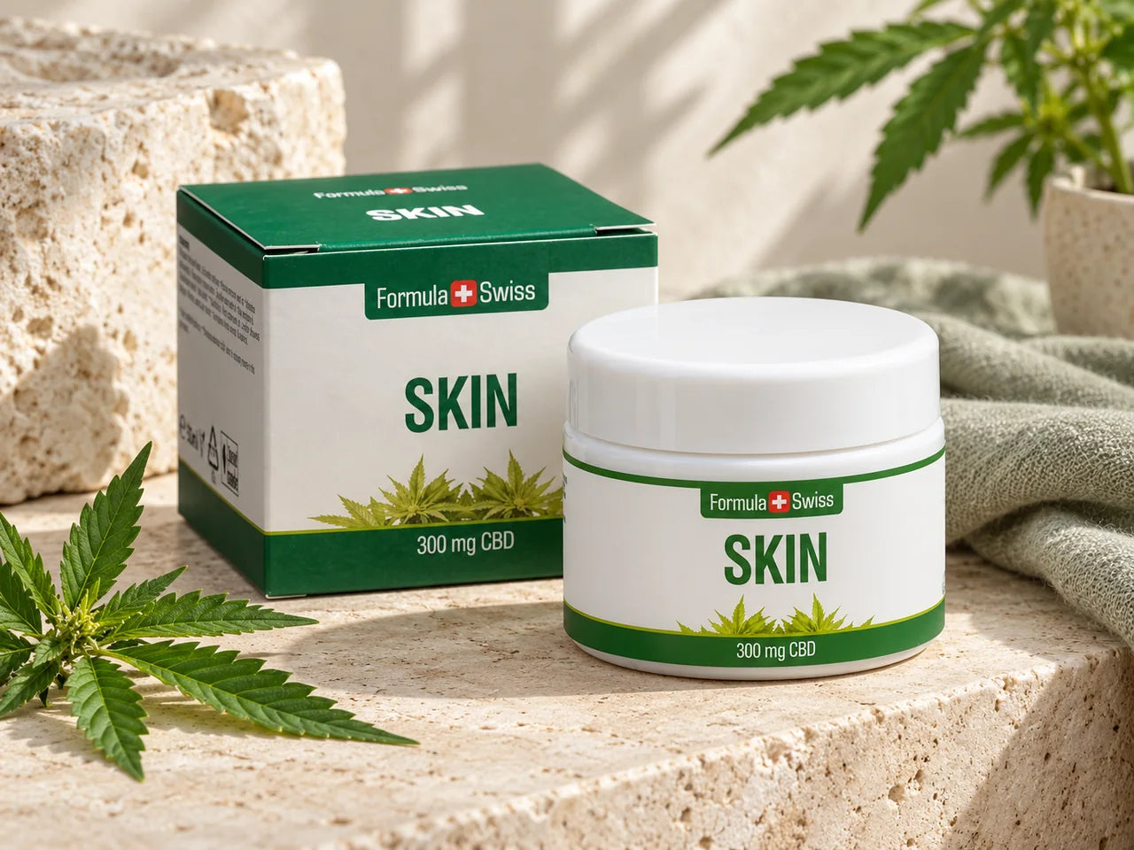 Formula Swiss Skin Balm jar and box on pale stone