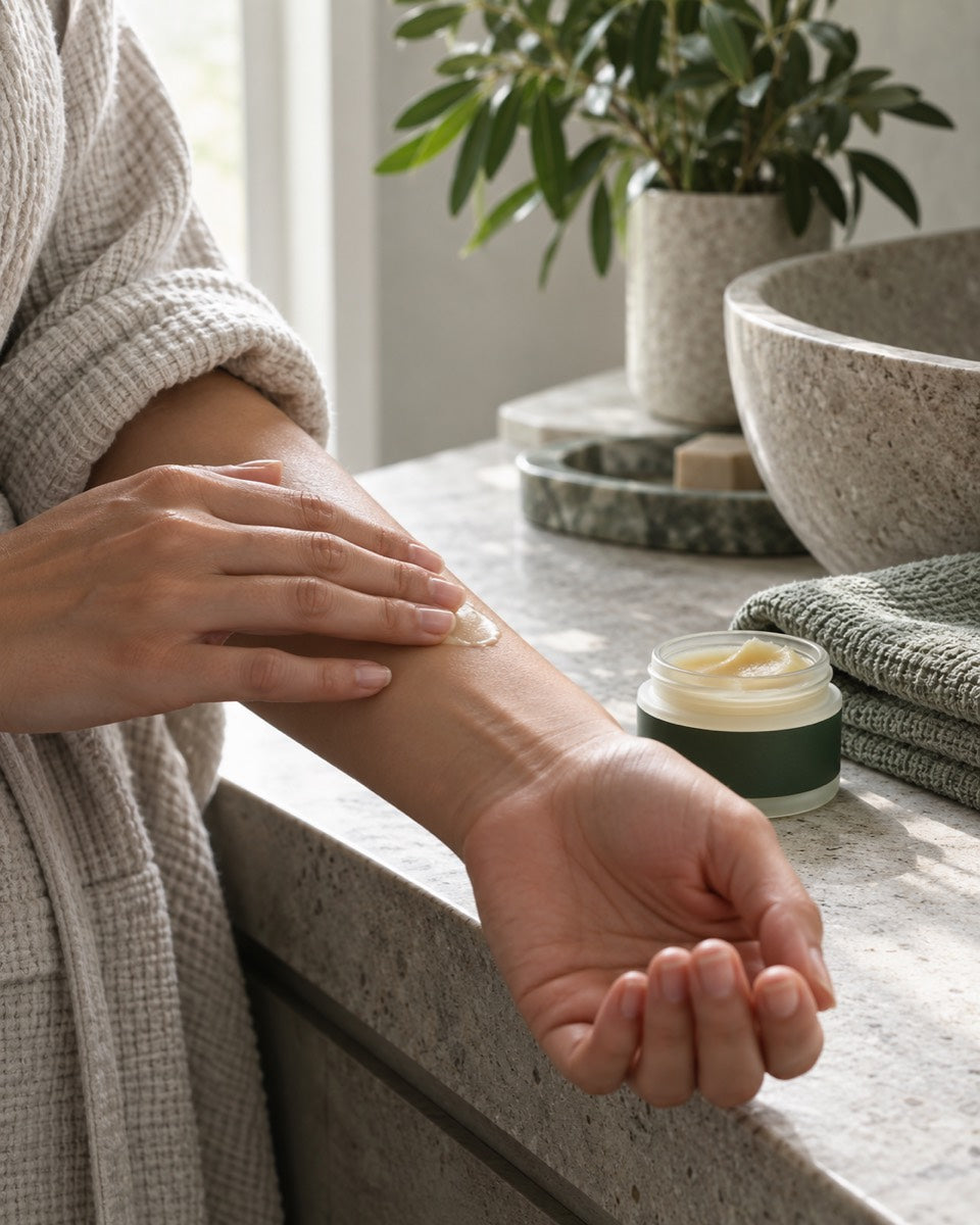 Hands applying a topical balm